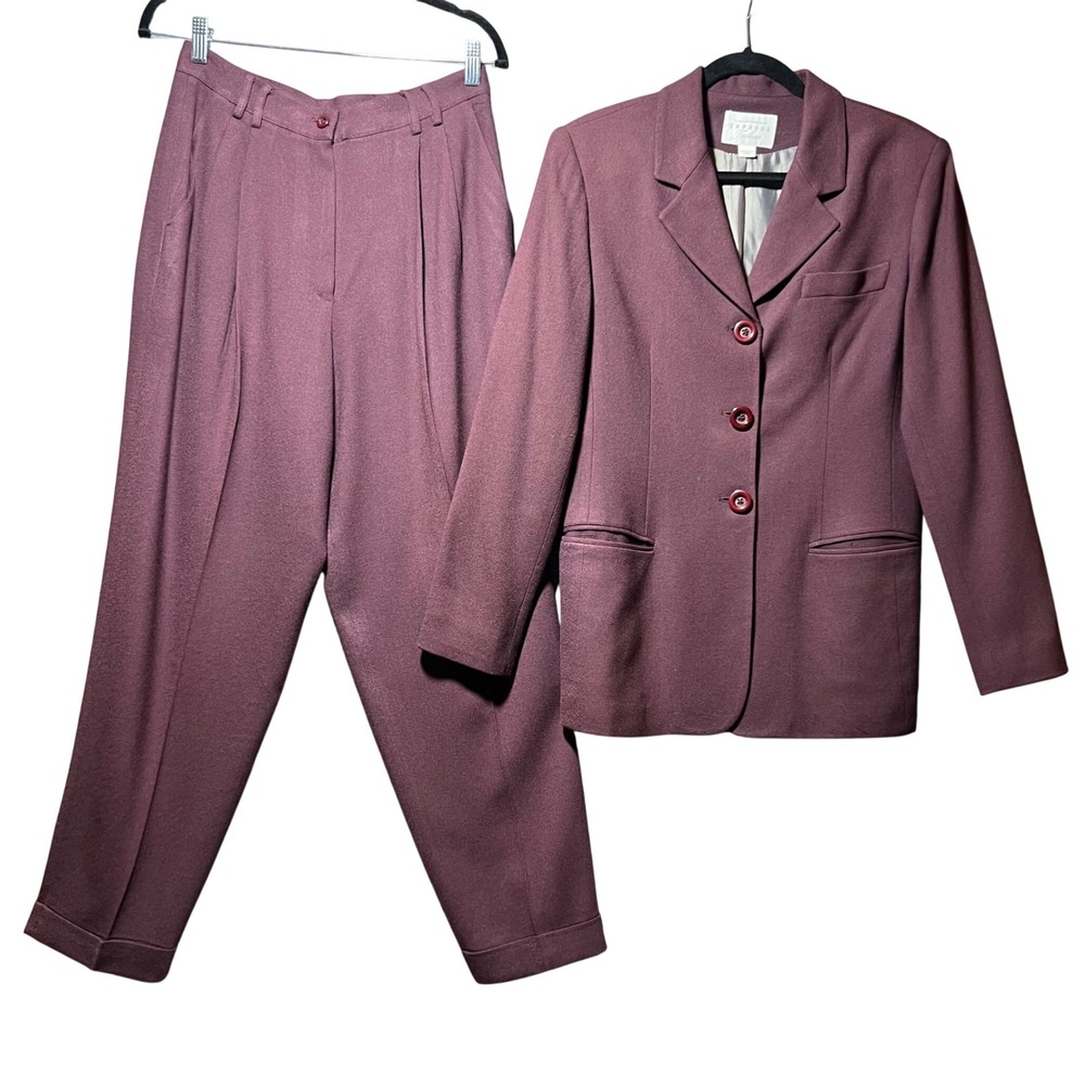 Vintage Express Tailleur Plum Burgundy Wool Blend Pant Suit Set Size 9/10 USA